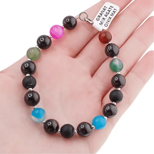 Bratara Mix agate, Onix mat si Granat sfere 8mm cu bumbi argintii, imagine 4
