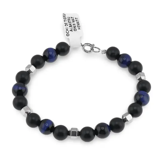 Bratara Ochi de tigru albastru, Onix mat sfere 8mm si Hematit hexagonal 5mm