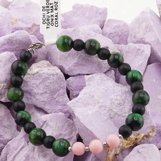 Bratara Ochi de tigru verde sfere 8mm, Onix mat si Coral roz sfere 6mm, imagine 3