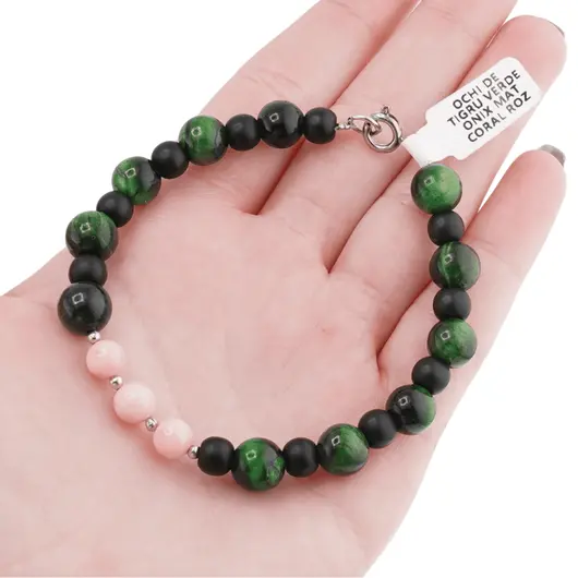 Bratara Ochi de tigru verde sfere 8mm, Onix mat si Coral roz sfere 6mm, imagine 4