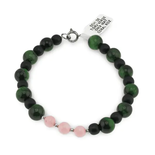 Bratara Ochi de tigru verde sfere 8mm, Onix mat si Coral roz sfere 6mm