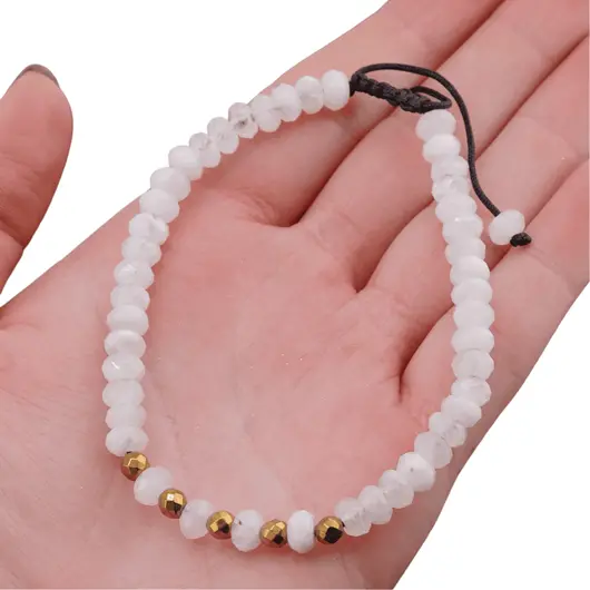 Bratara pe nod culisant Piatra Lunii discuri fatetate 6mm cu cinci sfere fatetate Hematit auriu 4mm, imagine 4