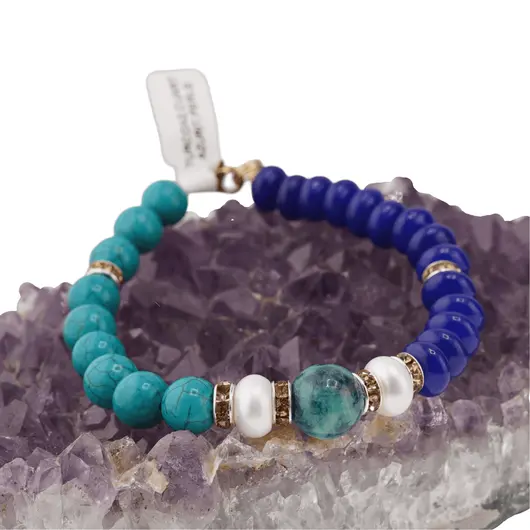 Bratara Turcoaz sfere si Agat albastru discuri, Perle de cultura si Azurit, 8-10mm, imagine 3