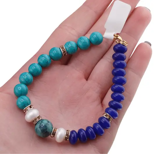Bratara Turcoaz sfere si Agat albastru discuri, Perle de cultura si Azurit, 8-10mm, imagine 4