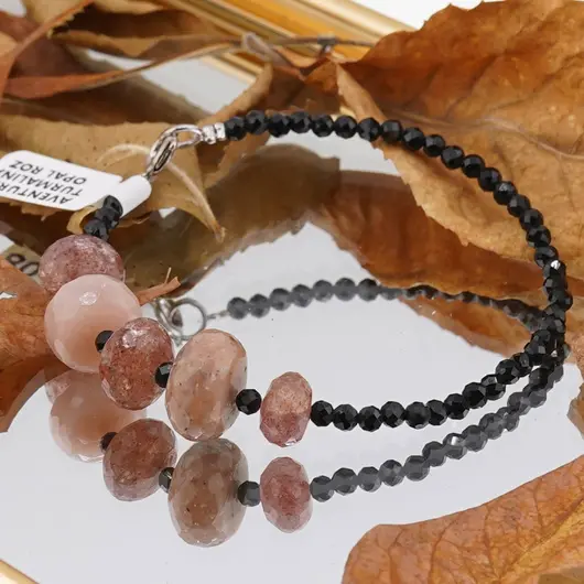 Bratara Turmalina neagra sfere fatetate 3mm, Aventurin Rosu si Opal roz discuri fatetate 8-12mm, imagine 3