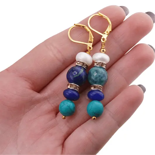 Cercei cu agatatoare Turcoaz sfere cu Agat albastru discuri, Perle de Cultura si Azurit, 8-10mm, imagine 4