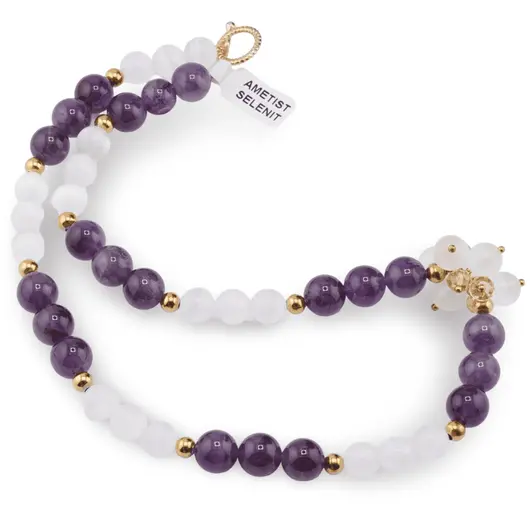 Colier Ametist sfere 10mm si Selenit sfere 8mm cu floare din Selenit si Citrin