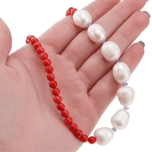 Colier Coral rosu sfere 5mm, Perle de cultura 12mm si Tanzanit discuri 3mm, imagine 4