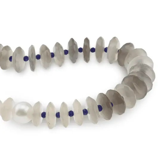 Colier Piatra lunii discuri fatetate 12mm, Perle de cultura sfere 10mm si Lapis Lazuli discuri fatetate 3mm, imagine 2