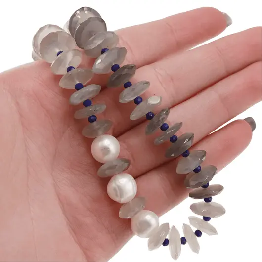 Colier Piatra lunii discuri fatetate 12mm, Perle de cultura sfere 10mm si Lapis Lazuli discuri fatetate 3mm, imagine 5