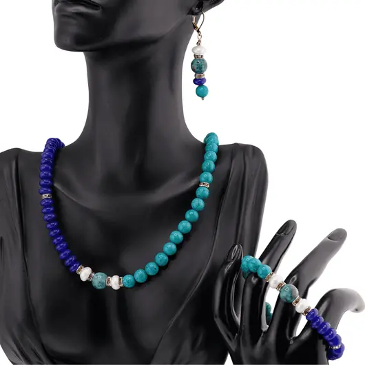 Set colier, cercei si bratara Turcoaz sfere si Agat albastru discuri, Perle de cultura si Azurit, 8-10mm, imagine 2