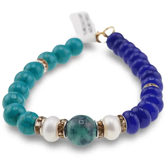 Set colier, cercei si bratara Turcoaz sfere si Agat albastru discuri, Perle de cultura si Azurit, 8-10mm, imagine 4