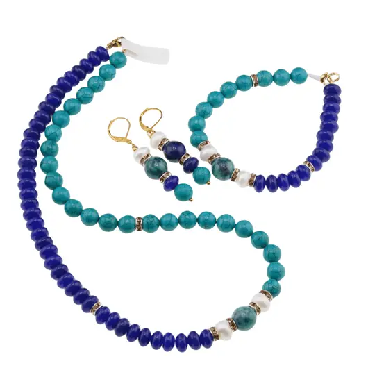 Set colier, cercei si bratara Turcoaz sfere si Agat albastru discuri, Perle de cultura si Azurit, 8-10mm