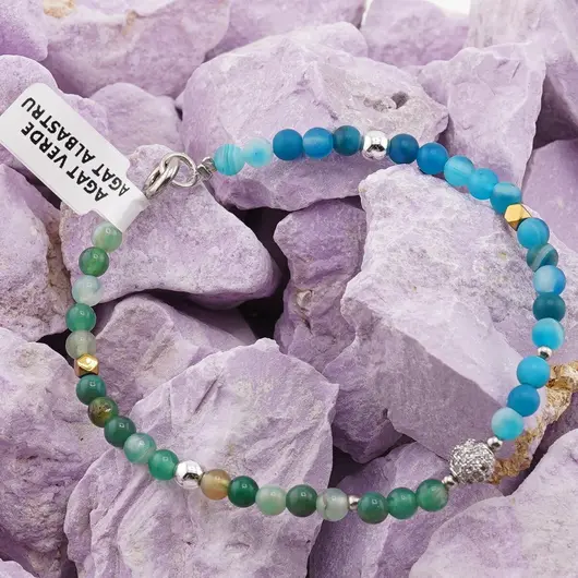 Bratara Agat albastru mat si Agat verde sfere 4mm cu bumbi si Hematit auriu, imagine 3