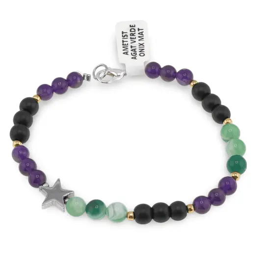 Bratara Ametist, Onix mat, Agat verde sfere 6-7mm cu stea Hematit si bumbi