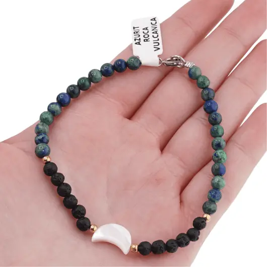 Bratara Azurit, Roca vulcanica sfere 4mm si luna din Sidef 12mm cu bumbi aurii, imagine 4