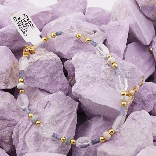 Bratara Cristal de stanca neuniform 7-9mm, Opal albastru discuri fatetate 4mm si Sodalit tuburi cu bumbi aurii, imagine 3