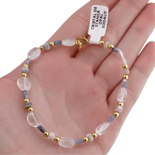 Bratara Cristal de stanca neuniform 7-9mm, Opal albastru discuri fatetate 4mm si Sodalit tuburi cu bumbi aurii, imagine 4