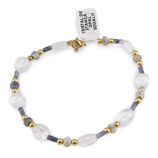 Bratara Cristal de stanca neuniform 7-9mm, Opal albastru discuri fatetate 4mm si Sodalit tuburi cu bumbi aurii