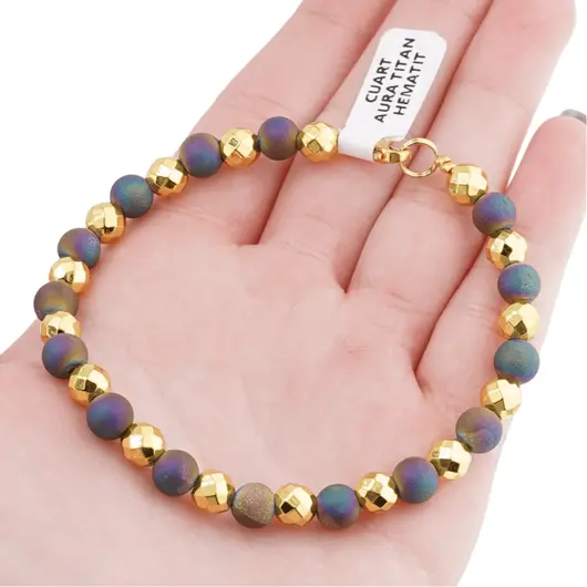 Bratara Cuart aura titan sfere si Hematit auriu sfere fatetate, 6mm, imagine 4