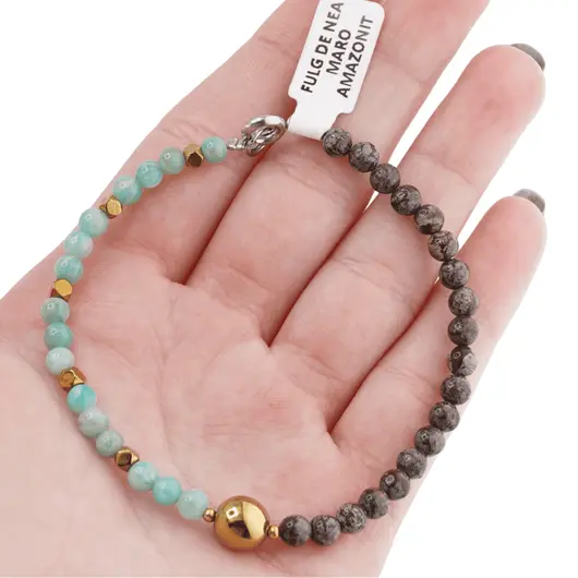 Bratara Obsidian fulg de nea maro si Amazonit sfere 4mm cu Hematit auriu 2mm, imagine 4