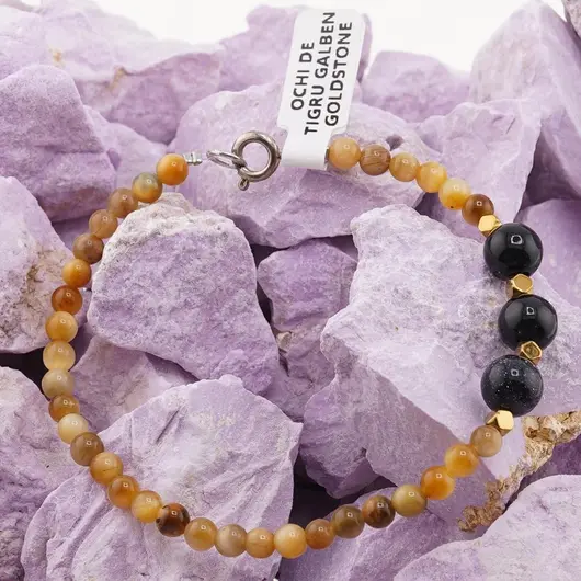 Bratara Ochi de tigru galben si Goldstone albastru sfere 4-8mm cu Hematit auriu 2mm, imagine 3