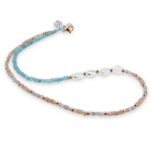 Colier Apatit, Labradorit, Piatra lunii discuri fatetate 3-4mm si Cristal de stanca neuniform 8mm cu bumbi aurii, imagine 2