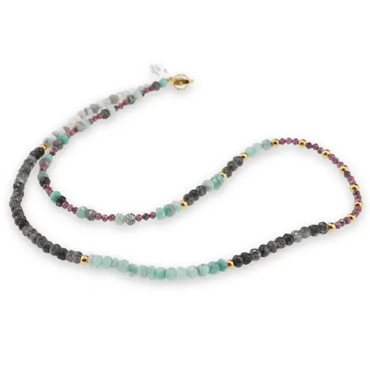 Colier Cuart turmalinat, Amazonit, Opal albastru discuri fatetate 4mm si Granat sfere fatetate 2mm, imagine 2