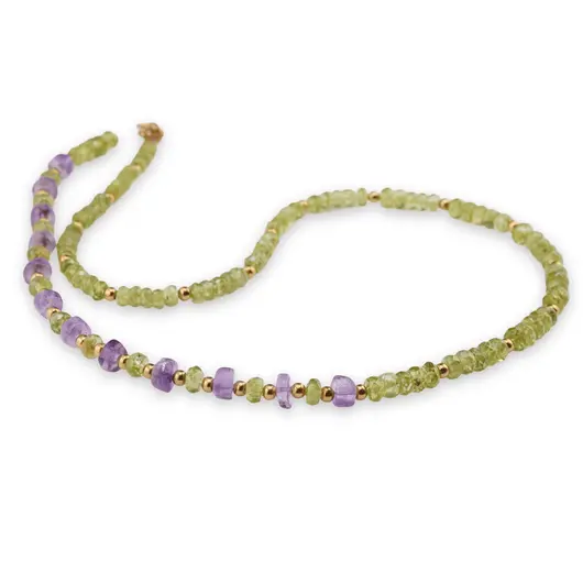 Colier Peridot discuri fatetate 4-5mm si Ametist discuri fatetate 6mm cu bumbi aurii, imagine 2