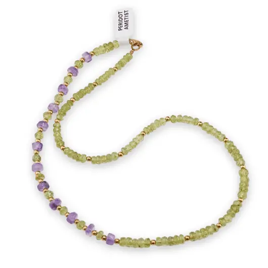 Colier Peridot discuri fatetate 4-5mm si Ametist discuri fatetate 6mm cu bumbi aurii