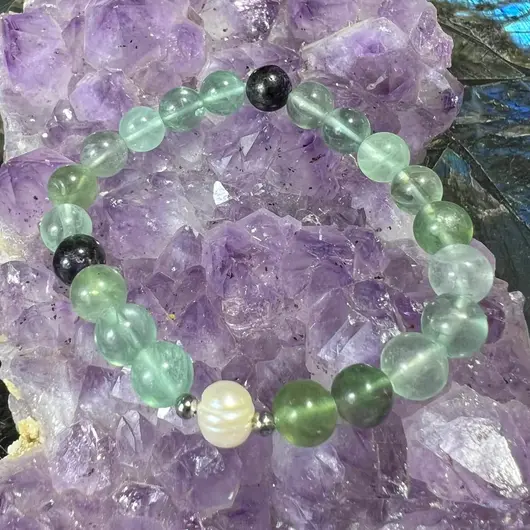 Bratara Fluorit sfere si Perla de cultura cu elemente argintii pe elastic, 8mm, imagine 2