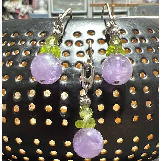 Pandantiv cristale naturale Ametist lavanda si Peridot A+ fatetat cu argint 925, imagine 4