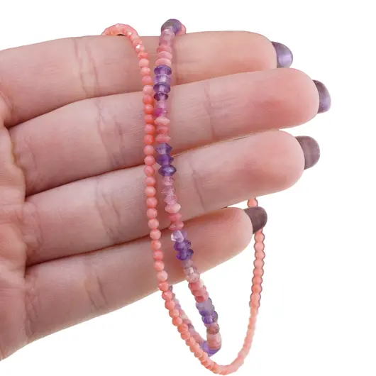 Colier Coral roz sfere si discuri fatetate 2-3mm cu Turmalina roz si Ametist 3mm, imagine 5