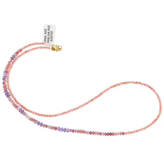 Colier Coral roz sfere si discuri fatetate 2-3mm cu Turmalina roz si Ametist 3mm