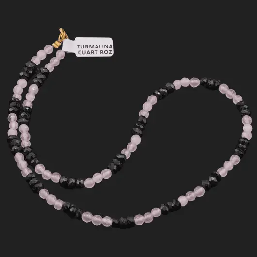 Colier Cuart roz sfere fatetate 4mm si Turmalina neagra discuri fatetate 5mm
