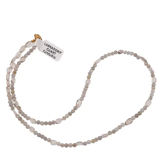 Colier Labradorit sfere 3mm si Cuart fumuriu oval neregulat 5-7mm