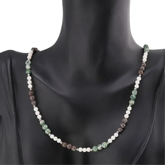 Colier Obsidian fulg de nea maroniu, Coral si Agat de copac sfere 3-4mm, imagine 3