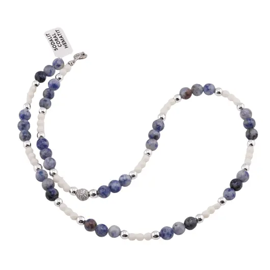 Colier Sodalit, Coral alb si Hematit cu element argintiu, 3-6mm