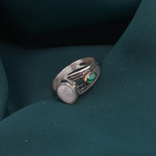 Inel din argint 925 reglabil, model deschis cu Piatra lunii si Onix verde, imagine 4
