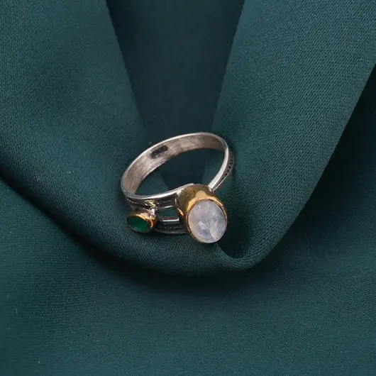 Inel din argint 925 reglabil, model deschis cu Piatra lunii si Onix verde cu elemente aurii, imagine 4
