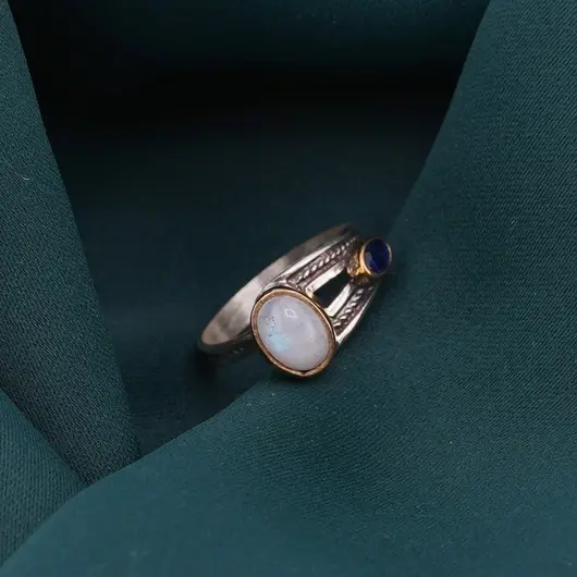 Inel din argint 925 reglabil, model deschis cu Piatra lunii si Safir cu elemente aurii, imagine 4