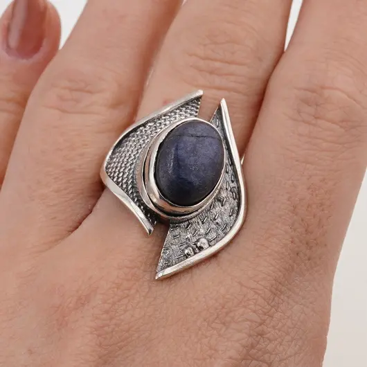 Inel din argint 925 reglabil, model texturat asimetric cu cristal natural - Lapis lazuli, imagine 5