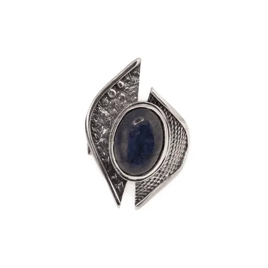 Inel din argint 925 reglabil, model texturat asimetric cu cristal natural - Lapis lazuli