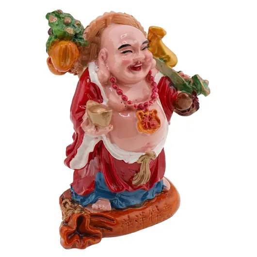 Statueta Feng Shui Buddha vesel pe sacul prosperitatii cu pepita, 9cm, imagine 2
