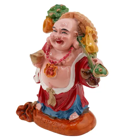 Statueta Feng Shui Buddha vesel pe sacul prosperitatii cu pepita, 9cm, imagine 3