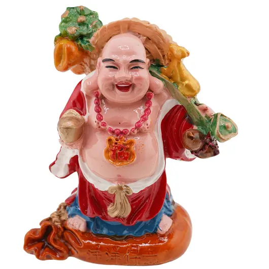 Statueta Feng Shui Buddha vesel pe sacul prosperitatii cu pepita, 9cm, imagine 4