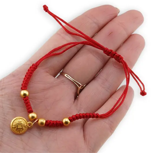 Bratara Feng Shui cu moneda pentru prosperitate pe snur reglabil rosu, imagine 3