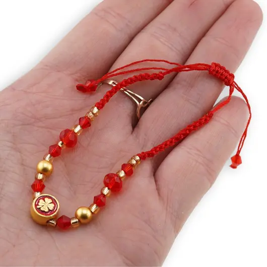 Bratara Feng Shui si moneda cu trifoi pe snur reglabil rosu, imagine 3