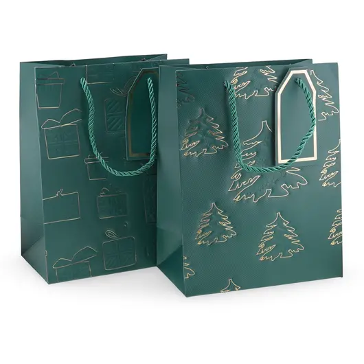 Punga pentru cadou dreptunghiulara verde cu model festiv, 23x18cm
