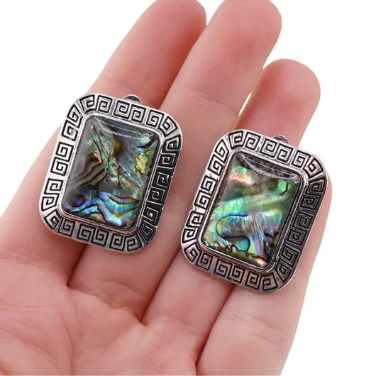 Cercei cu clipsuri Scoica abalone in montura argintie - model dreptunghiular, 28mm, imagine 3